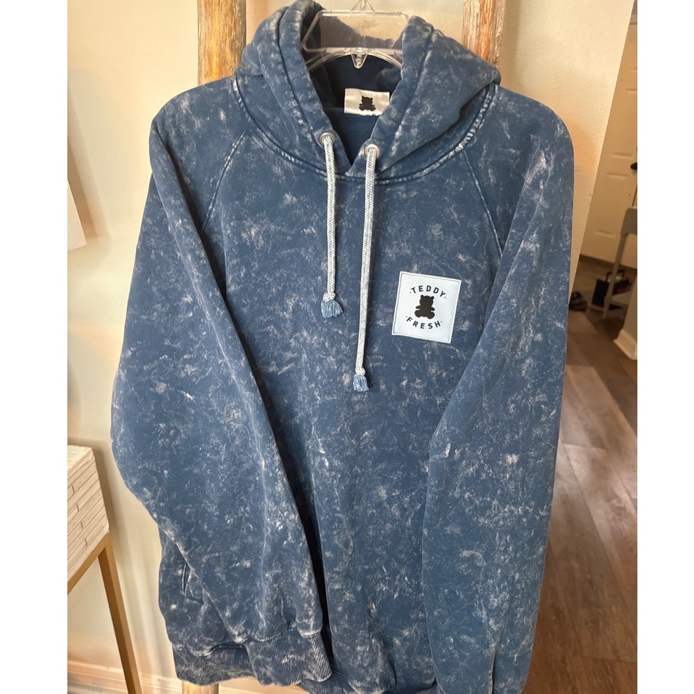 Teddy Fresh Hoodie‎ Pullover Blue Acid Wash Tie Dye Size Large Men's